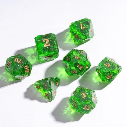 Cusdie Sharp Edge DND Dice, 7 PCS Shamrock DND Dice Set D&D D20 D12 D10 D8 D6 D4, Handcrafted Polyhedral Dice Set for RPG and Other Table Games(Green) - color: Green