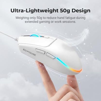 Wired Gaming Mouse RGB, 50g Lightweight Silent USB Mouse -White | 4 DPI Levels Up To 2400, Silent Clicks, Ergonomic Design, RGB Lighting, USB Plug & Play for PC Laptop Desktop Computer Mac