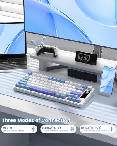 Womier DK75 75% Wireless Gaming Keyboard, RGB Backlit Creamy Keyboard with Media Knob, OLED Screen, Tri-Mode 2.4GHz/USB-C/BT5.0, Anti-Ghosting No-Conflict Silent Membrane Keyboard for MAC Windows - color: Blue&Purple