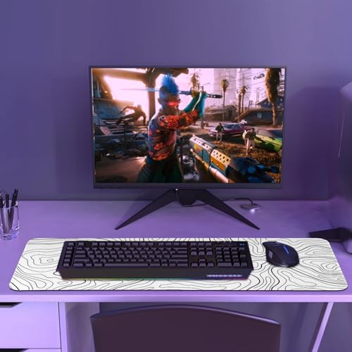 Gaming Mouse Pad Large 31.5 x 11.8in Topographic Keyboard Pad Mouse Pad for Non-Slip Base and Stitched Edge, Extended Desk Pad XL Keyboard Desk Mat (White) - color: White