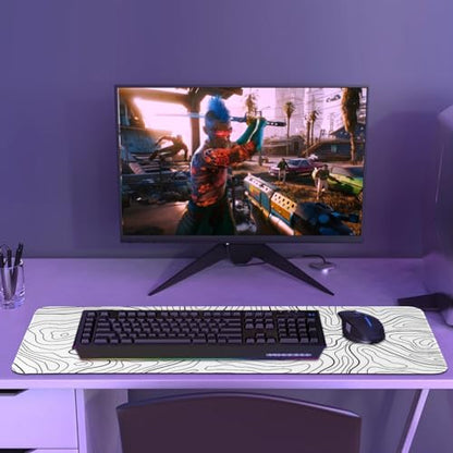 Gaming Mouse Pad Large 31.5 x 11.8in Topographic Keyboard Pad Mouse Pad for Non-Slip Base and Stitched Edge, Extended Desk Pad XL Keyboard Desk Mat (White) - color: White