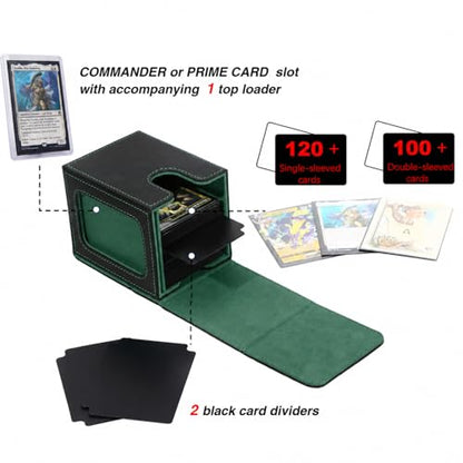 MTG Deck Box with Commander Display Window (Black&Green, 1 window) | Holds 120 Single/100 Double-Sleeved Cards, Fit MTG/PTCG/OPTCG Cards, Strong Magnet, PU Leather, With 2 Dividers & 1 Toploader - color: Black and Green