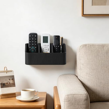 No Drill PU Leather Wall Remote Holder, 3 Compartments Storage Caddy for TV AC Remotes, Pens, Eyeglasses, Home Bedroom Bathroom Office (Stylish Black Fine Ribbed) - color: Stylish Black Fine Ribbed
