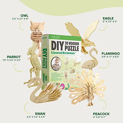 Hands Craft DIY 3D Wooden Puzzle – 6 Assorted Bird Animals Bundle Pack Set Brain Teaser Puzzles Educational STEM Toy Adults and Kids to Build Safe and Non-Toxic Easy Punch Out Premium Wood JP2B4 - color: Bird Animals