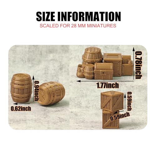 28mm 1:32 Scale Tabletop Terrain Set - 3D Printed Brown Wooden Scatter Props with Crates, Barrels, Treasure Chest & Kegs for Wargaming, RPG Diorama, Tavern & Dock Scenes (Brown)