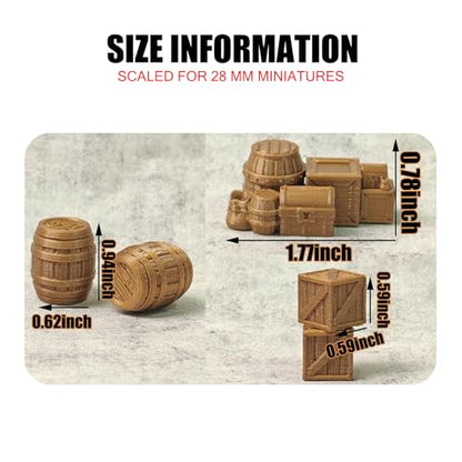 28mm 1:32 Scale Tabletop Terrain Set - 3D Printed Brown Wooden Scatter Props with Crates, Barrels, Treasure Chest & Kegs for Wargaming, RPG Diorama, Tavern & Dock Scenes (Brown)