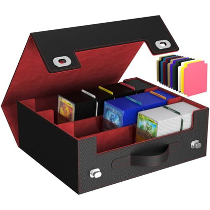 Lifewit Trading Card Storage Box with Handle, Holds Up to 1800 Sleeved Cards with 12 Adujstable Dividers & 4 Stoppers, Aluminum Closure PU Leather Case for MTG, PTCG, YGO, Sports Cards, Black& Red - color: Black&Red
