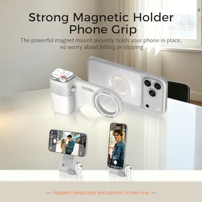 Upgraded Mag-Safe Magnetic Camera Handle Grip with Extended Magnetic Phone Mount with Carabiner & Thumb Rest, Detachable Rechargeable Shutter Remote Compatible with iPhone Pro Max for Video Calls/TK - color: White, size: ARCO Biner