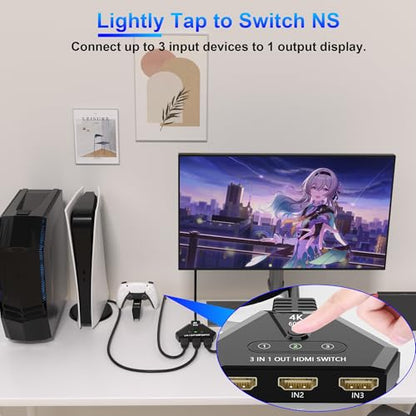 HDMI Switch 3 in 1 Out, 4K@60Hz HDMI Switcher with Gold Plated Ports, Plug & Play, Supports Full HD 1080P 3D Compatible with Roku TV Stick HDTV PS4/PS5 Xbox, Ideal for Home Theater, Gaming, Streaming