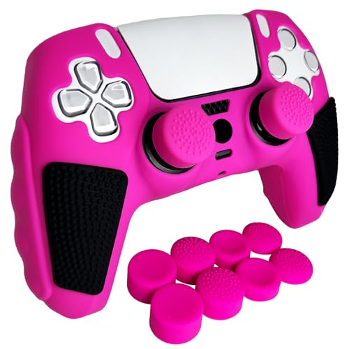 Anti-Slip Pink Controller Skin,Soft Thicken Studded Protective Silicone Cover Skin Grips Compatible with PS5/Slim/Pro Controller and 8 PCS Thumb Grips Caps. - color: Pink&Black