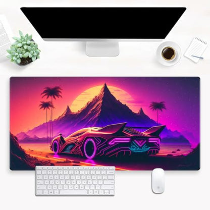 Synthwave Desk Mat, Retro Car XXL Large Gaming Mouse Pad 31.5x15.7 in | Neon cyberpunk car desk pad with soft 3mm cushion, smooth textile surface, and steady non-slip rubber core. - color: Futuristic Neon City