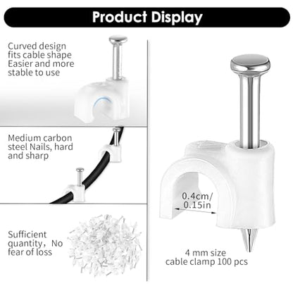 100 Pack Cable Clips with Steel Nails, 4mm White Round Wire Clips, Ethernet Coaxial Cable Clip Cord Clip for Wires on Wall Cables Management Organizer(Compatible with Wire Diameter ≤4mm)