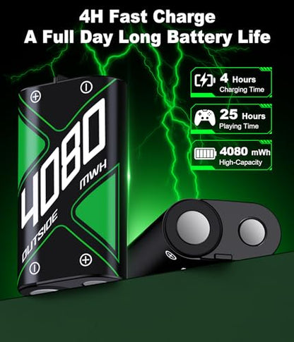 Upgraded Fast Charging Rechargeable Battery Packs with Light Control, 4 x 4080mWh Replacement Batteries with Charger Dock for Xbox Series X|S, One S/X/Elite Controllers, Cases and Storage,M Sets - size: M-Essential (4080mWh)