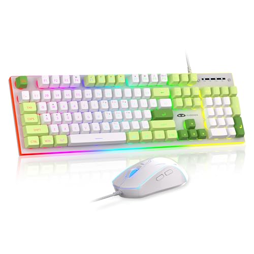 MageGee GT838 Gaming Keyboard and Mouse Combo, 104 Keys RGB Backlit Quiet Wired Keyboards with Number Pad, Metal Panel, Anti-Ghosting, Keyboards Set for Desktop, Laptop, PC, Green - color: White Green