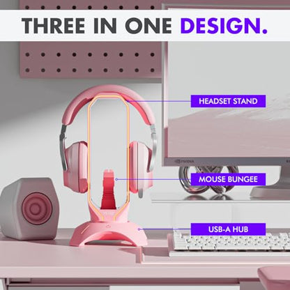 Cute Headphone Stand Pink | Headset Stand with RGB, Mouse Bungee Holder, and 2 Port USB Hub Charger - Desk Gaming Accessories - color: Pink