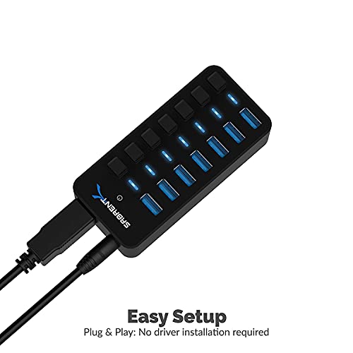 SABRENT 36W 7-Port Powered USB 3.0 Hub, Switches & LEDs (HB-BUP7) | Individual power switches + LEDs; includes 36W 12V/3A power adapter - size: 7-Port - 7 USB 3.0