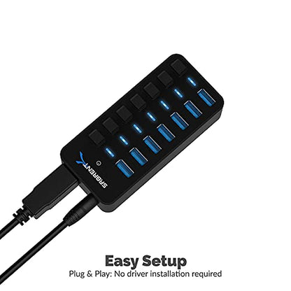 SABRENT 36W 7-Port Powered USB 3.0 Hub, Switches & LEDs (HB-BUP7) | Individual power switches + LEDs; includes 36W 12V/3A power adapter - size: 7-Port - 7 USB 3.0