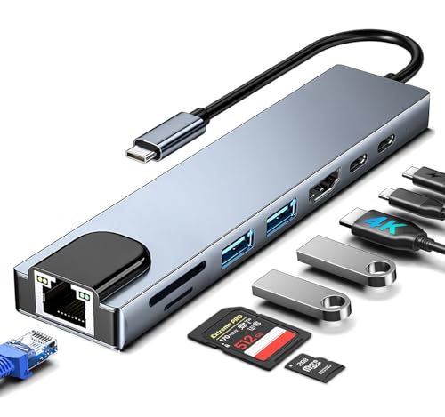 USB C Hub Ethernet HDMI Adapter, 8 in 1 Laptop Docking Station with 4K HDMI, RJ45 Ethernet 100Mbps, SD/TF Card Reader, USB 3.0/2.0, PD 100W, LAN USB C Dongle for MacBook Pro/Air, iPad Pro, XPS, etc