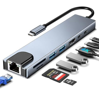 USB C Hub Ethernet HDMI Adapter, 8 in 1 Laptop Docking Station with 4K HDMI, RJ45 Ethernet 100Mbps, SD/TF Card Reader, USB 3.0/2.0, PD 100W, LAN USB C Dongle for MacBook Pro/Air, iPad Pro, XPS, etc