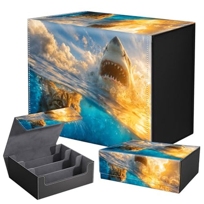DEGDFSGR Card Game Storage Box for TCG MTG Commander Deck Box MTG Card Box Organizer Trading Card Case Magnetic Closure Creative Pattern Up to 2400 Cards, Cat And Great White Shark - color: Cat And Great White Shark