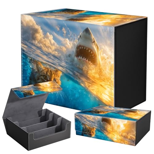DEGDFSGR Card Game Storage Box for TCG MTG Commander Deck Box MTG Card Box Organizer Trading Card Case Magnetic Closure Creative Pattern Up to 2400 Cards, Cat And Great White Shark - color: Cat And Great White Shark