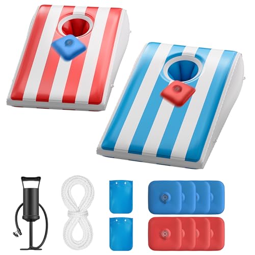 QPAU Inflatable Floating Cornhole Boards with 8 Water Bags, 3x2ft Corn Hole Games for Adults & Kids (Age 6+), Portable Cornhole Set for Swimming Pool, Pool Toss Game for Lake, Beach (with Hand Pump)