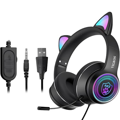 Cat Ear Gaming Headphones Wired AUX 3.5mm with LED Light, VIGROS Flashing Stereo Game Headphones Surround Sound Over-Ear Headsets with Microphone Fit Kids & Adult for PC, PS4, Switch, Mobile, Laptop - color: Black