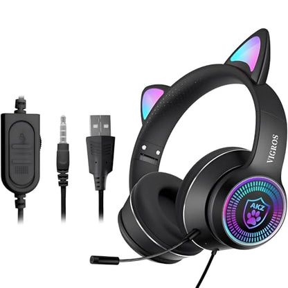 Cat Ear Gaming Headphones Wired AUX 3.5mm with LED Light, VIGROS Flashing Stereo Game Headphones Surround Sound Over-Ear Headsets with Microphone Fit Kids & Adult for PC, PS4, Switch, Mobile, Laptop - color: Black
