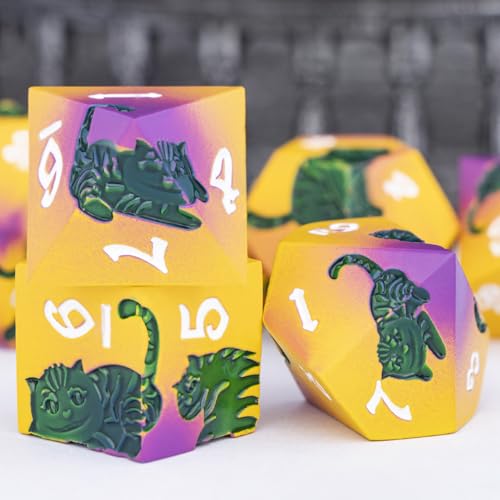Metal DND Cat Dice 7PCS Polyhedral RPG Dice Set with Gift Case for Dungeons Dragons Role Playing Game, D and D Dice D6 D8 D10 D12 D20 D% (Yellow Green) - color: Cat-red Yellow&green