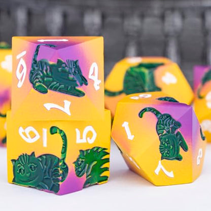 Metal DND Cat Dice 7PCS Polyhedral RPG Dice Set with Gift Case for Dungeons Dragons Role Playing Game, D and D Dice D6 D8 D10 D12 D20 D% (Yellow Green) - color: Cat-red Yellow&green