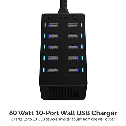 SABRENT 60W 10-Port USB Charging Station, Auto-Detect (AX-TPCS) | 12A family-sized desktop rapid charger; smart auto-detect USB ports; UL certified; black; usb power strip; usb charging hub - size: 10-Port