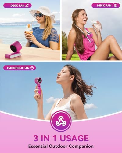 PlayHot Portable Handheld Turbo Fan, Travel Essentials, Gifts for Women/Men | 5-Speed, Up to 12H, 10m/s Airflow, USB-C Rechargeable, LED Display, 3-in-1 Foldable Personal Fan for Cruise, Beach, Vacation - color: Magenta