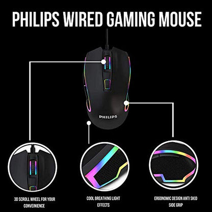 Philips Wired PC Gaming Mouse RGB Spectrum Backlit Ergonomic Mouse, Programmable Buttons Up to 6400 Adjustable DPI Optical USB Computer Mice for Windows PC Gamers