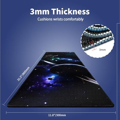 Space Planets Navy Blue Large Mouse Pad, Cosmic Galaxy Fantasy Desk Mat | 31.5" x 11.8", XXL Gaming/Office Stitched Mousepad, Smooth Surface Anti-Slip Base - color: Design WKLXD035