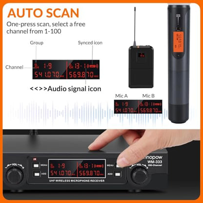 innopow 200-Channel Wireless Microphones System, Wireless Lavalier Microphone, Dual UHF Bodypack Cordless Lavalier Mic System Set, Auto Scan, Long Range 200-240Ft, 16 Hours Ideal for Church (Black)