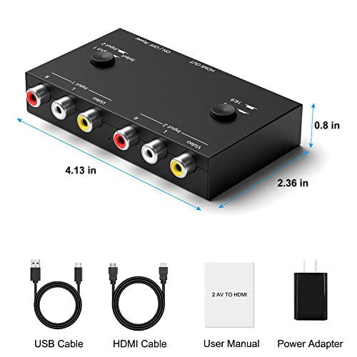 2 AV to HDMI Converter, 1080P/720P 2 Port RCA Composite CVBS AV Switch to HDMI Converter Adapter Support 4:3/16:9 Switching, for TV PC PS2 PS3 N64 NGC SNES WII VHS VCR Camera DVD-Black - color: 2AV to HDMI Converter