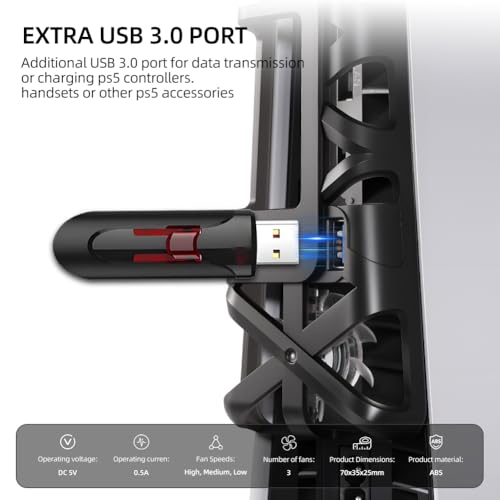 Cooling Fan with LED Light for PS5 Slim, Quiet Cooling System Accessories for Playstation 5 Slim Disc and Digital Editions, Compatible with Horizontal Stand For Gaming Console