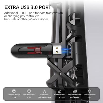 Cooling Fan with LED Light for PS5 Slim, Quiet Cooling System Accessories for Playstation 5 Slim Disc and Digital Editions, Compatible with Horizontal Stand For Gaming Console