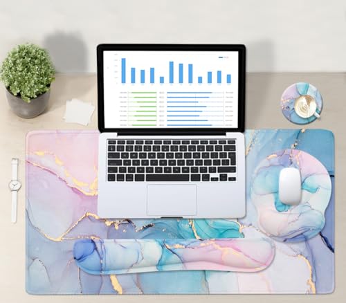 4-in-1 Gaming Mouse Pad Wrist Support Set，Desk Pad + Mouse Pad with Wrist Rest + Keyboard Wrist Rest + Coaster, Ergonomic Design for Home Office Study Game - Blue Marble - color: 4 Pcs Blue Marble