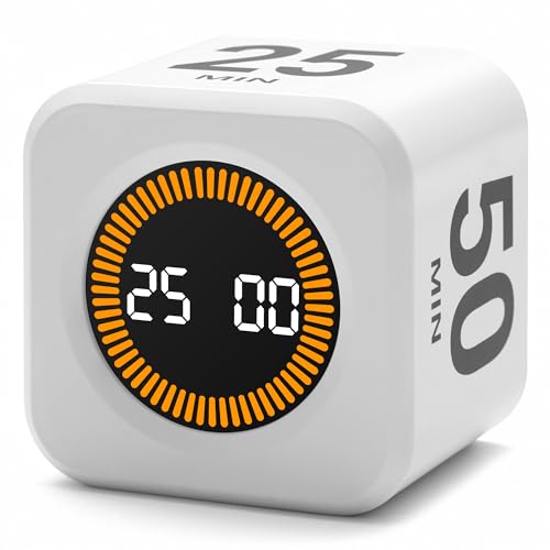 Rotating Productivity Timer 5, 25, 10, 50 Minutes Preset, Desk Cube w/Gravity Sensor for ADHD, Mute Functions, Ideal for Work, Study, Kitchen, Back to School (1, White) - color: White