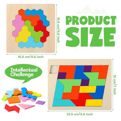 Yunsailing 3 Pack Large Wooden Blocks Puzzles Hexagon Tangram Puzzle Wooden Russian Brain Puzzles for Adult Challenge Teasers Geometric Jigsaw Logic Iq STEM Educational Gift Graduation(Geometry) - style: Geometry
