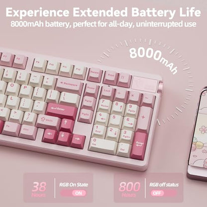 LEOBOG A98 Wireless Mechanical Keyboard, Tri-Mode BT5.0/2.4GHz/USB-C, Creamy Keyboard with Number Pad, Gasket Structure Hot Swappable, PBT Keycaps, RGB Backlit Pink Gaming Keyboard with Knob for PC - color: Creamy&Pink