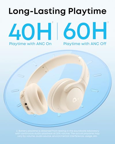 Soundcore by Anker Q20i Hybrid Active Noise Cancelling Headphones, White | Over-Ear, Bluetooth, 40H ANC Playtime, Hi-Res Audio, Big Bass, Transparency Mode, Customize via App, Travel, Home, Office - color: Almond White