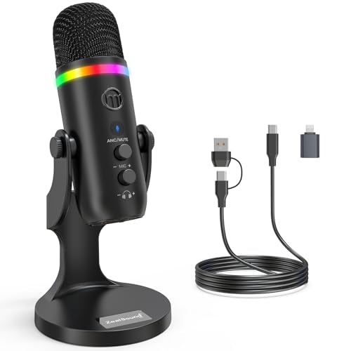 ZealSound Podcast Microphone for PC, USB Mic with Noise Reduction, Tap-to-Mute, Gain & Echo Controls, Zero-Latency Monitoring, RGB Lighting for Mac, iPhone, iPad, Live Streaming & Voice-Over K66 Pro - color: RGB