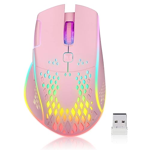 VEGCOO Wireless Gaming Mouse, C30 Silent Click Wireless Rechargeable Gaming Mouse with Double-Click Key and Colorful LED Lights, 3 Level Adjustable DPI for Gaming and Working (Pink) - color: Pink