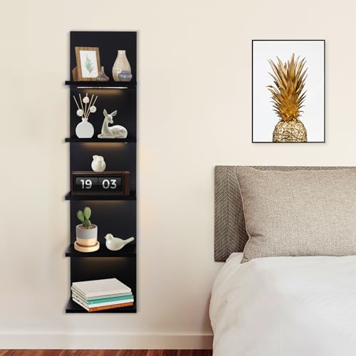 5 Tier Wall Shelf Unit, Black | Lack Shelf, For Bedroom, Office, Bathroom, Vanity Shelves, With LED Remote Control Light - color: Black