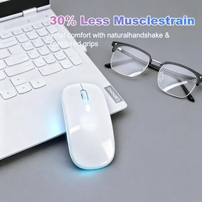 Wireless Bluetooth Mouse, Rechargeable Computer Mouse, White | Dual Mode - BT5.2 & 2.4G,Long Lasting,Silent RGB LED Mice,Slim Portable Mouse for Laptop,PC,Tablet,MacBook,iPad,Apple Devices - color: White