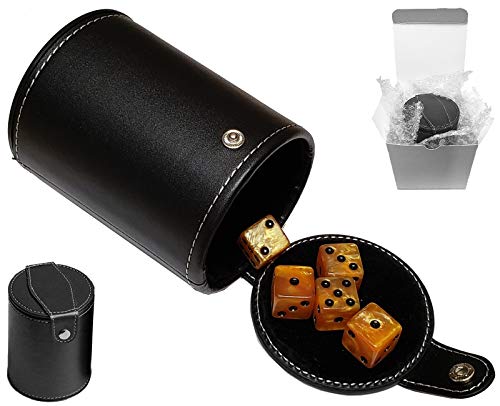 Cyber-Deals Set of 16mm Marbleized Dice and Black PU Leather, Velvet Lined Dice Cup with Storage Compartment (Gift Boxed) (Gold Dice, Black Lining Cup) - color: Gold Dice, Black Lining Cup