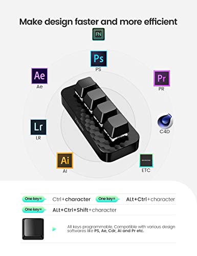 Vaydeer 4 Fully Programmable Keys with Floating Window and Macro Multifunctional Keypad, One-Handed Mechanical Keyboard Support NKRO, Hotkeys, One-Click Start, Compatible with iOS,Windows