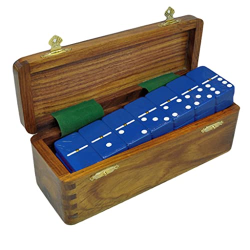 Marion Domino Double Six Blue Jumbo Tournament Professional Size with Spinners in Dovetail Sheesham Wood Box. - color: Blue